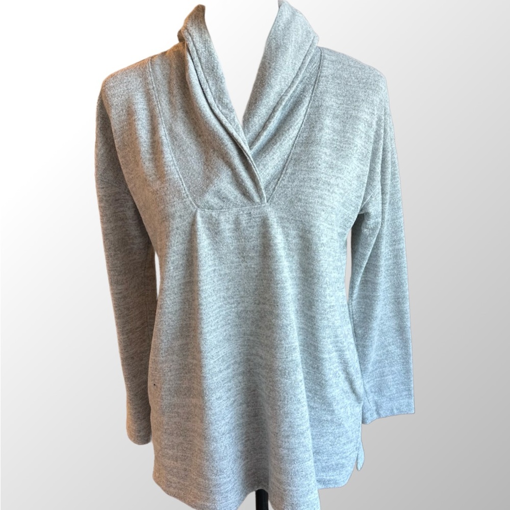 Talbots Shawl Collar Tunic Sweater Womens Medium Petite Grey Heathered Knit